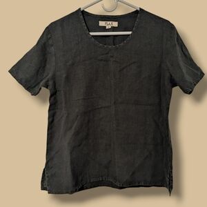Flax Black 100% Linen Scoop Neck Short Sleeve Relaxed T-Shirt SM
